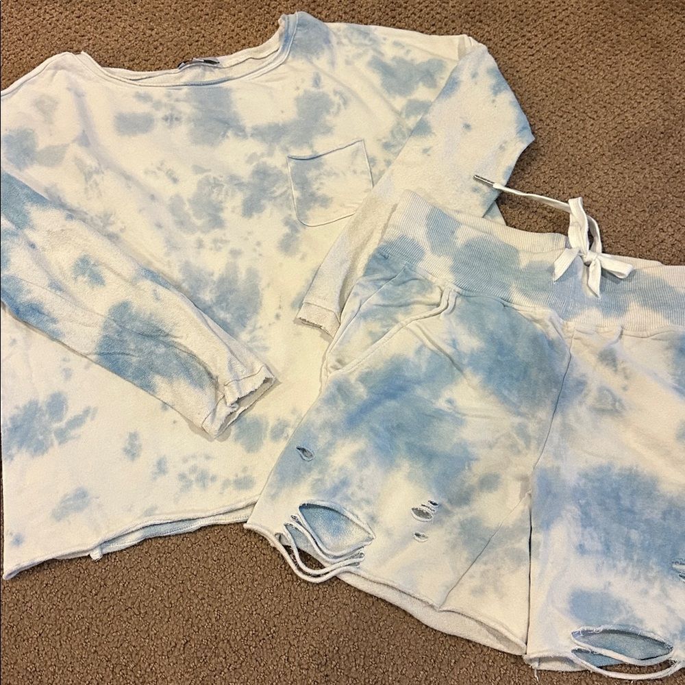 Fate Blue and White Tie Dye Ripped Sweatshirt & Shorts Loungewear Set Size Small
